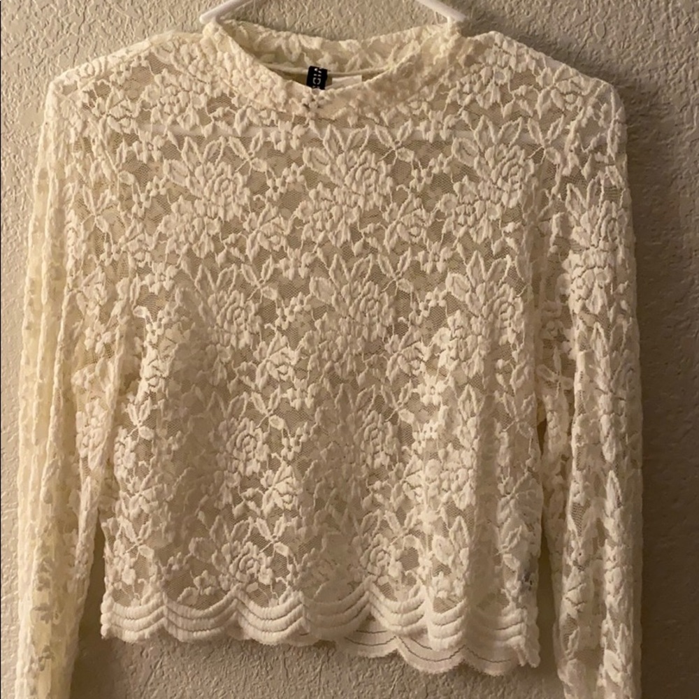 white sheer lace long sleeve crop top